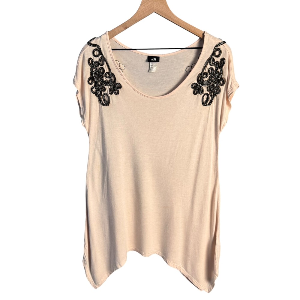 HM Peach Viscose Top Medium Soutache Embroidered Shoulder‎ Handkerchief Hem Pink